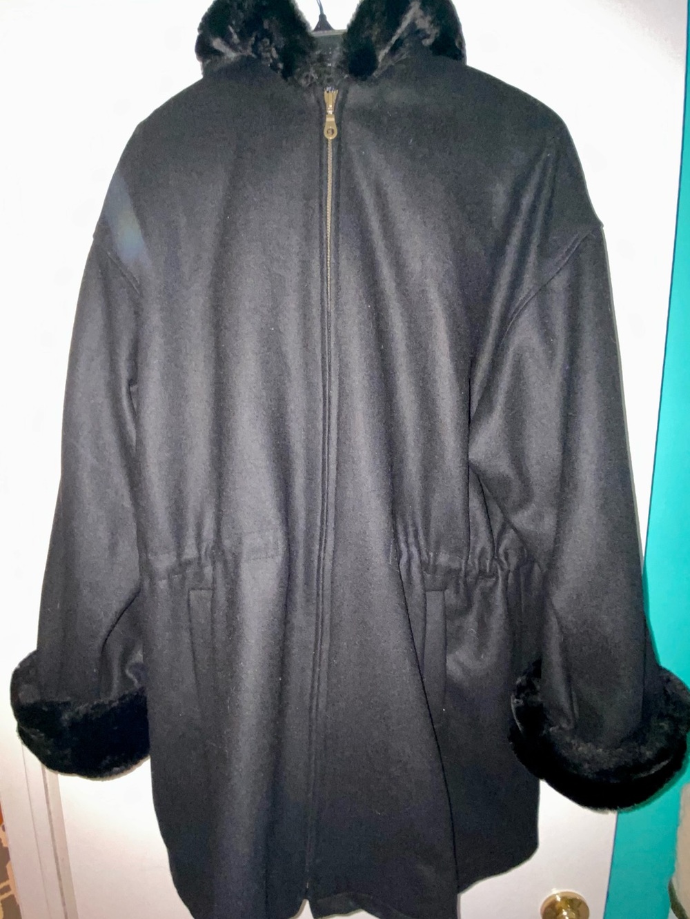 Black Wool-Blend Pea Coat with Faux Fur Collar and Cuffs